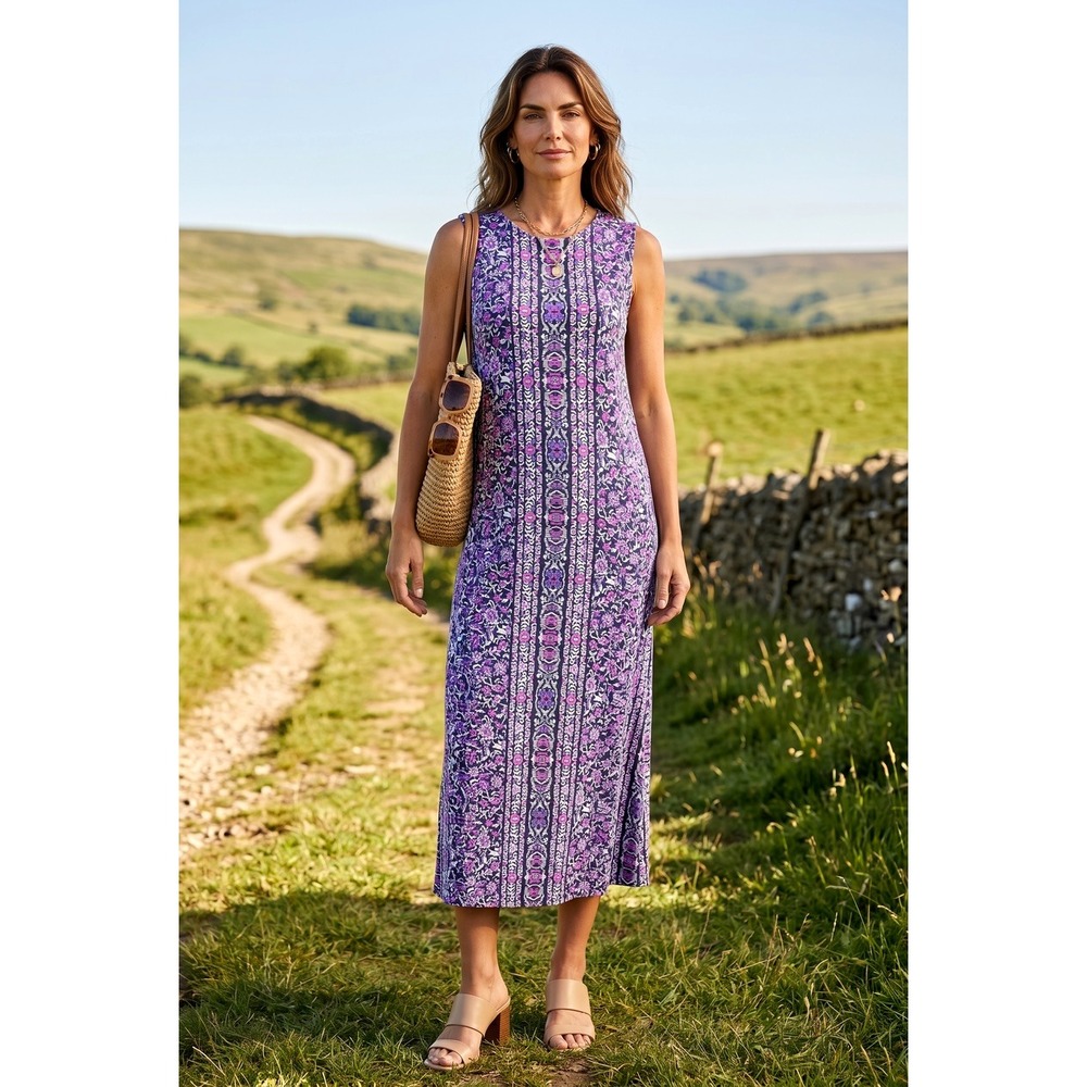 J. Jill Sleeveless Floral Jersey Knit‎ Midi Shift Dress Size Small Purple